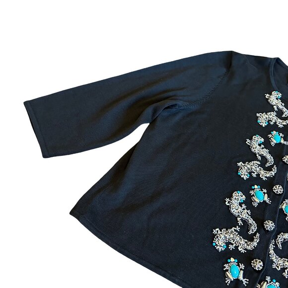 Michael Simon Vintage Retro Cardigan Sweater Turquoise Beaded Gecko Frog Large - Picture 9 of 11